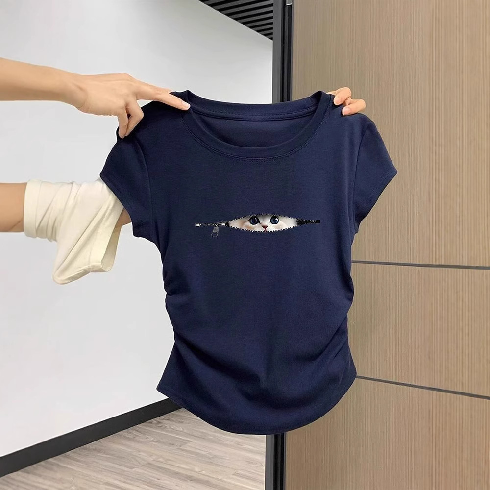 American Spice Girls Shoulder Pinch Waist Pleated New Cat Printed Short-sleeved T-shirt Women's Summer Fried Street Top Cross-border Wholesale