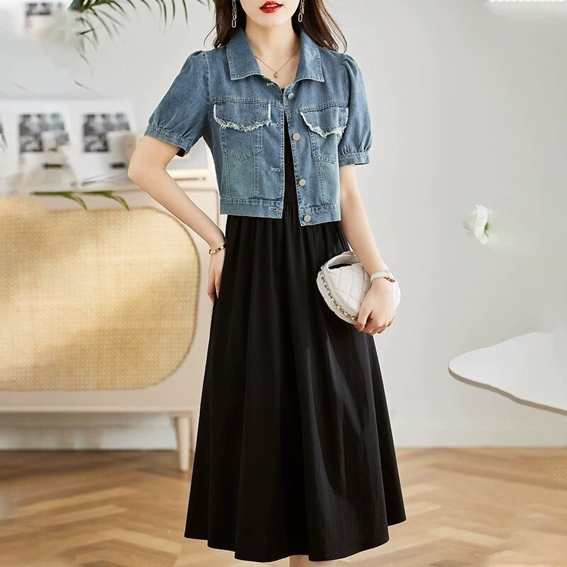 Retro Denim Short-Sleeved Dress Set 2026 Summer New Style Stylish Jacket and Vest Two-Piece Set Fashionable and Casual Retro Denim Short-Sleeved Dress Set 2026 Summer New Style Stylish Jacket and Vest Two-Piece Set Fashionable and Casual