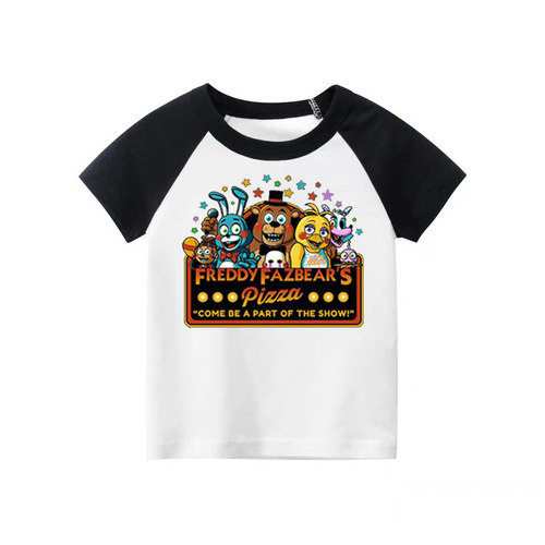 跨境春夏新款 Freddy's 玩具熊 热销儿童卡通男童女童拼色短袖T恤