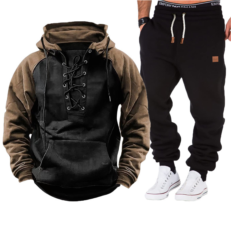 Cross-Border European and American Men's Autumn and Winter Heavyweight Men's Fleece Lace Casual Sports Hooded Sweatshirt and Pants Suit