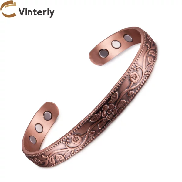 Pure Red Copper Bracelet with Magnetic Vintage Floral Vine Pattern, Adjustable, 9mm Wide, Cross-Border Dropshipping