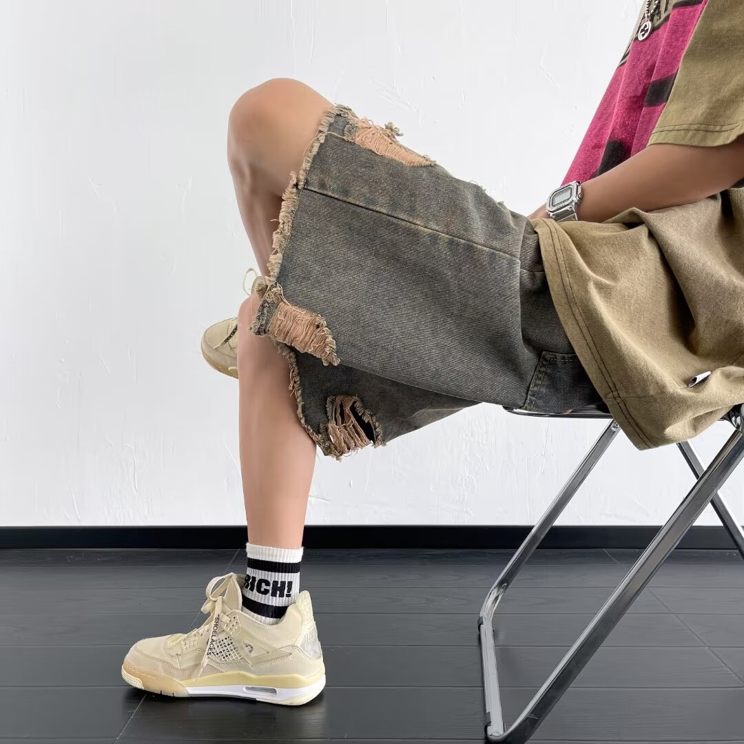 American Retro Rip Denim Shorts Boys Summer Thin Loose Niche Design Sense Pants High Street Trendy Brand
