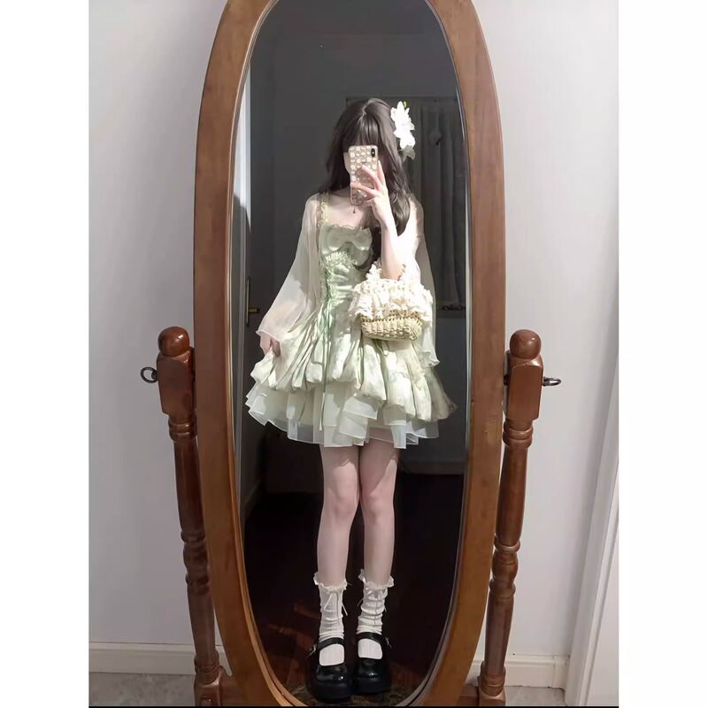 Forest Elf Suspender Dress for Women in Summer, Sweet Fairy Princess Dress with Bow Tie, Waist-Cinching Flower Bud Puffy Skirt