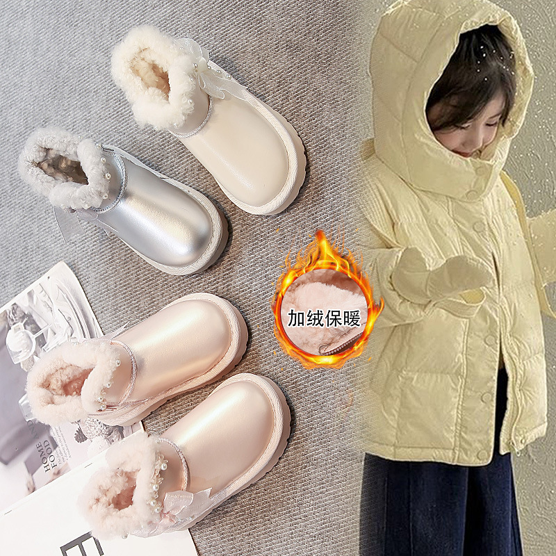 Zapatos de algodón princesa de arco de niñas para niños botas de nieve de lana de invierno 2025 nuevas niñas zapatos de algodón gruesos