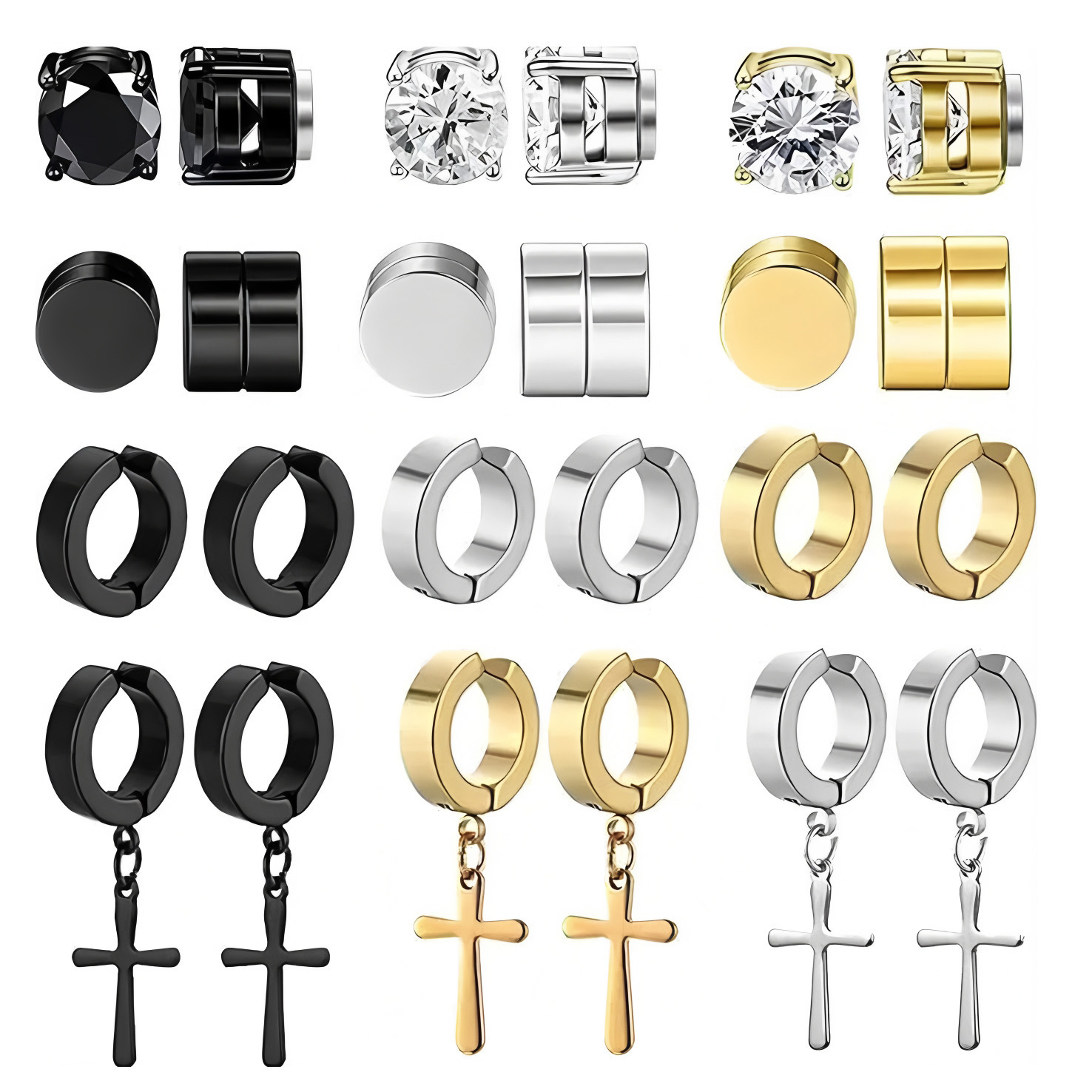 Orecchini a forma di croce da uomo in acciaio inossidabile con clip magnetica nera_voghion.com