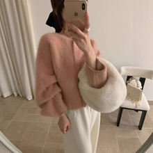 红色浣熊绒2025秋冬韩系圆领单排扣慵懒风开衫蝙蝠袖显瘦毛衣外套