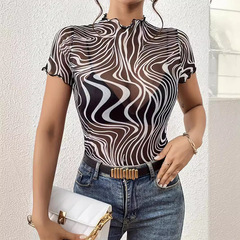 European and American cross-border new style elegant mesh printed striped earrings short-sleeved T-shirt slim top for women