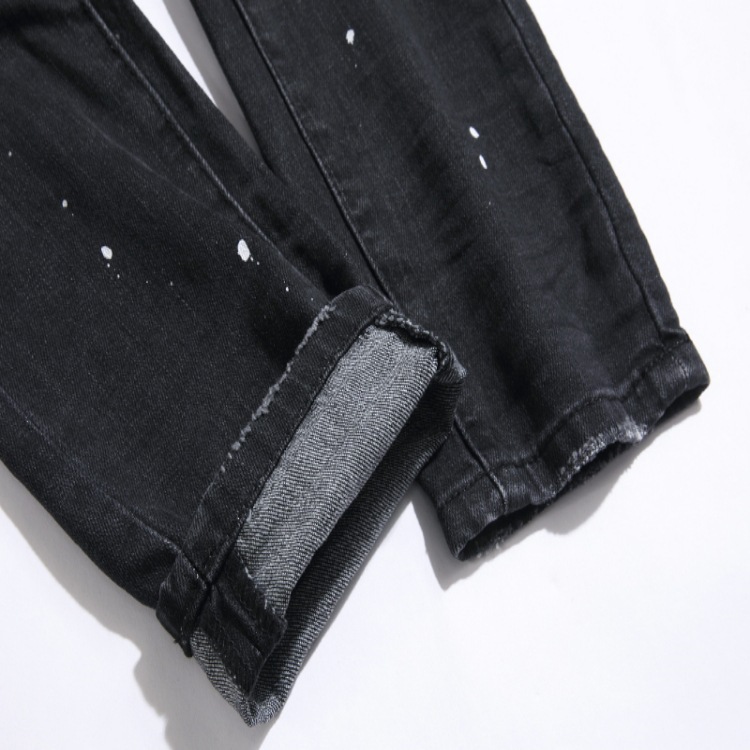 Slim stretch fried sand angel cotton elastic black leather label holes printed fashion men's European jeans_voghion.com