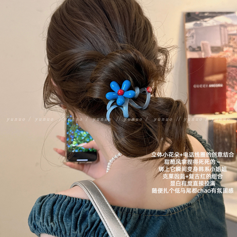 蓝色花朵发圈女2025新款实用百搭扎头发皮套高弹力橡皮筋发绳发饰|undefined