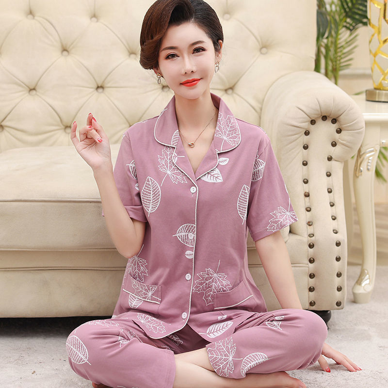 Pijamas de algodón de la madre de mediana edad pantalones de manga corta de verano para mujer cardigan de mediana edad y traje de ancianos homewear