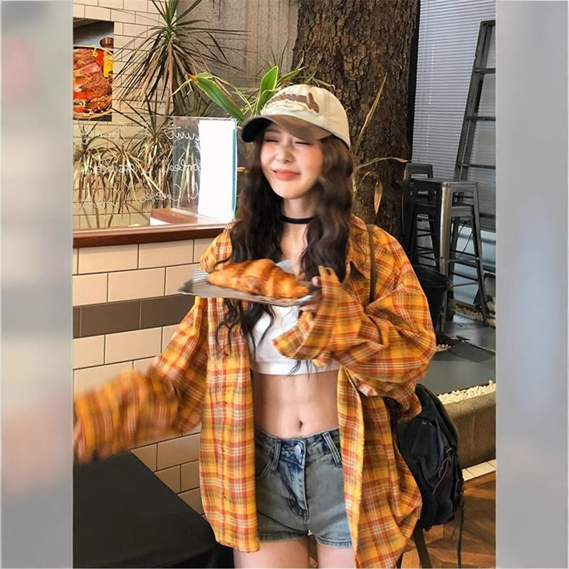 American Retro Yellow Plaid Shirt Coat Women's Early Autumn 2024 New Unique Chic Top Shirt Spring Autumn