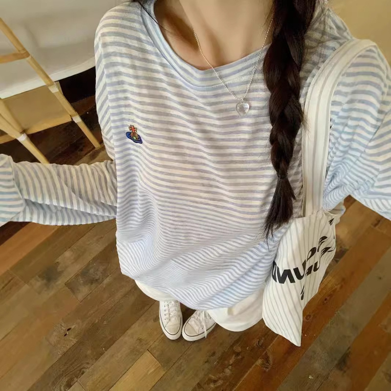 Yeyuan Summer Sun Protection Cover-Up for Girls, Cute and Versatile Striped Long-Sleeve T-Shirt, Thin Loose Sun Protection Top for Women Yeyuan Summer Sun Protection Cover-Up for Girls, Cute and Versatile Striped Long-Sleeve T-Shirt, Thin Loose Sun Protection Top for Women