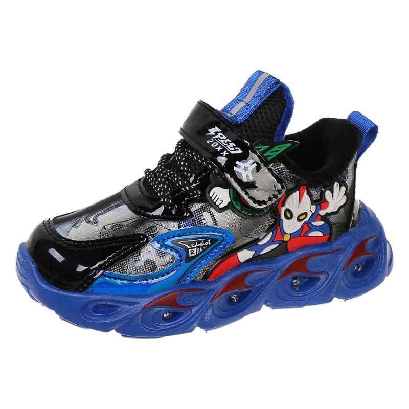 Primavera, Otoño e Invierno nuevos niños emisores de luz de dos algodón para niños grandes y medianos zapatillas de deporte zapatos de cuero de dibujos animados frescos para niños