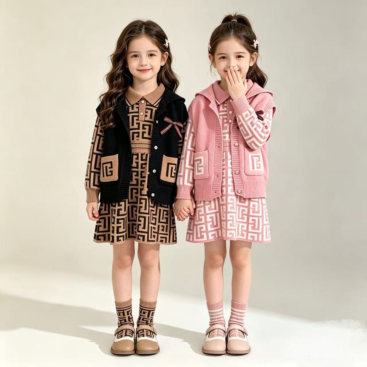 2025 Foreign Trade Children's Clothing Lapel Dress Vest Fashionable and Stylish Slim Fit Knitted Dress Set for Girls