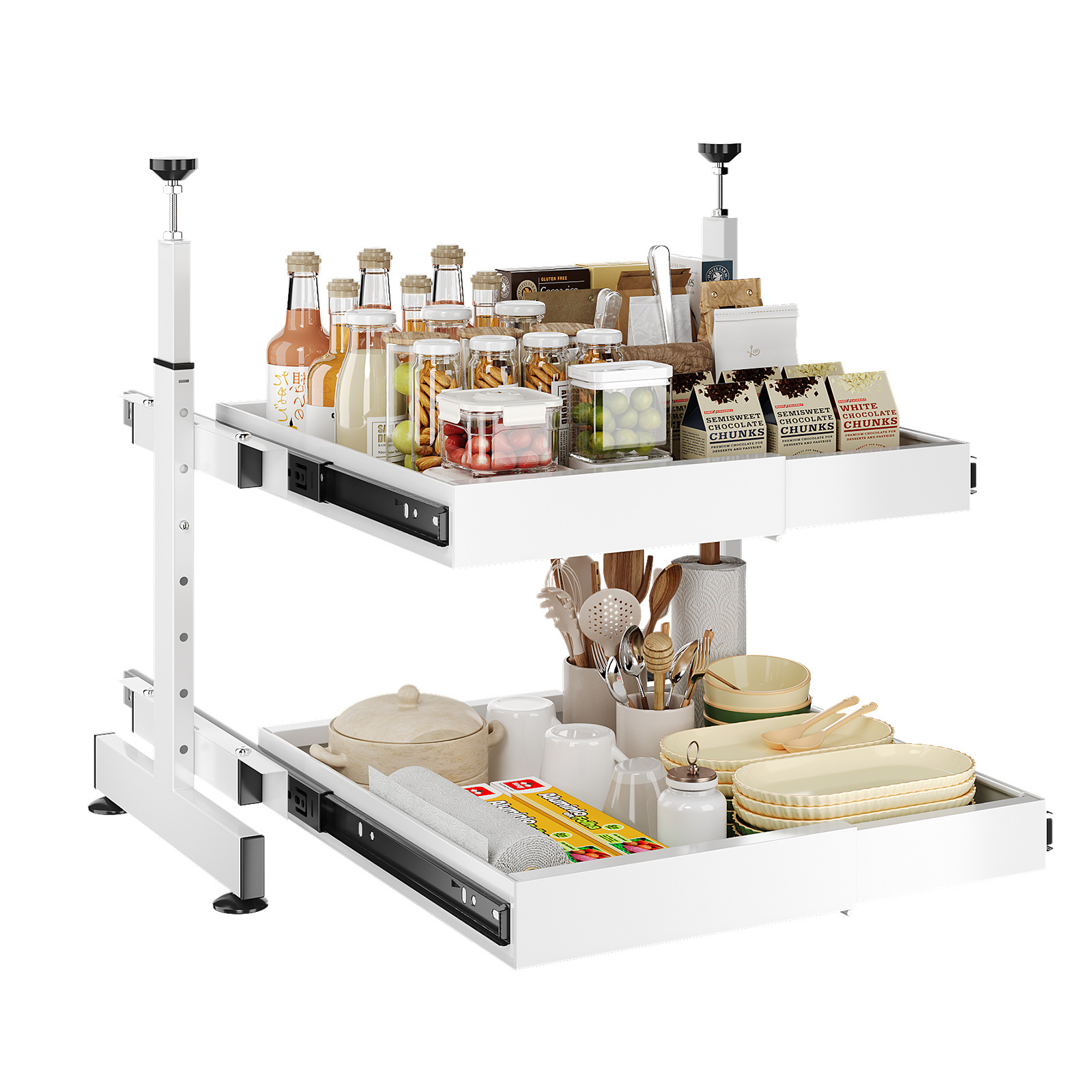 Estante de almacenamiento debajo del gabinete de cocina sin agujeros perforados, estante de cajón incorporado, estante de tazón, cesta de extracción telescópica de extracción de artículos diversos