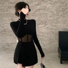 跨境工厂欧美紧身薄款长袖t恤女装夏季短款上衣网纱拼接抖音淘宝