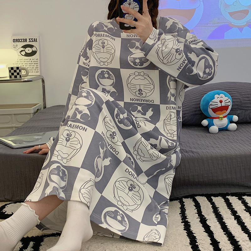 대형 사이즈 2-300 캐티 롱 나이트드레스 여성 봄 가을 긴팔 학생 줄무늬 귀여운 뚱뚱한 느슨한 임산부 파자마 260