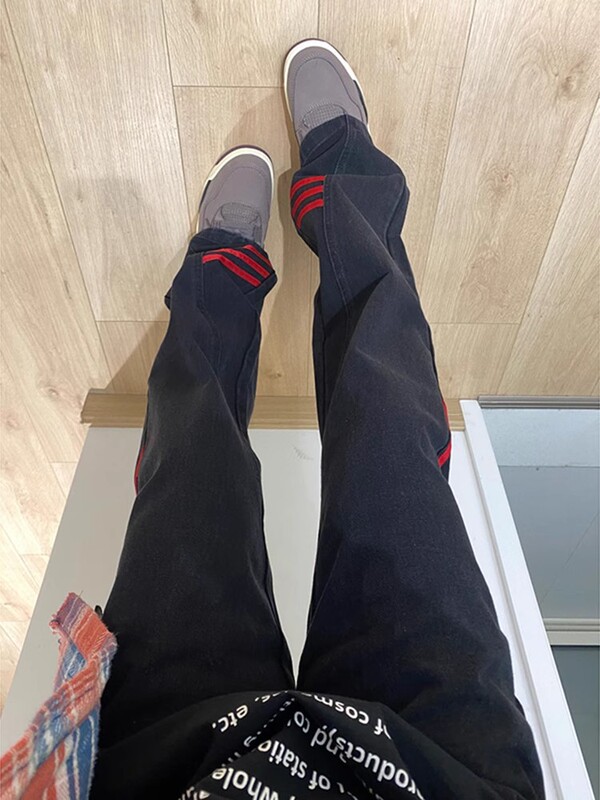 American Retro Red Stripesd Splicing Jeans Bf Lazy Style Casual Pants Cleanfit Micro-Flared Straight Pants