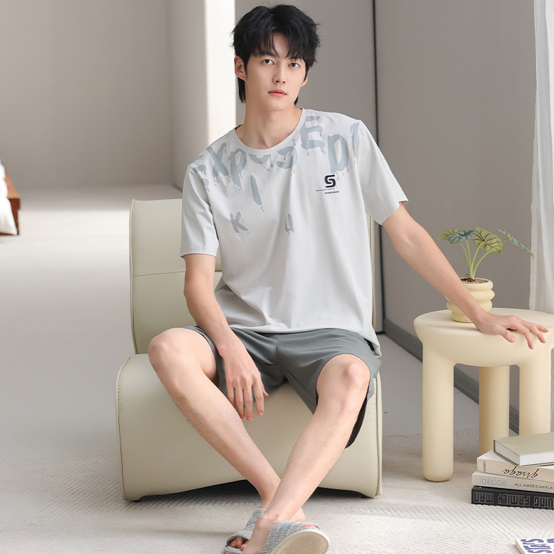 모달 코튼 남성용 여름 잠옷, 반팔 반바지, 라운드넥 풀오버, 외부 착용 가능, 청년, 중년, 학생, 루즈핏, 캐주얼