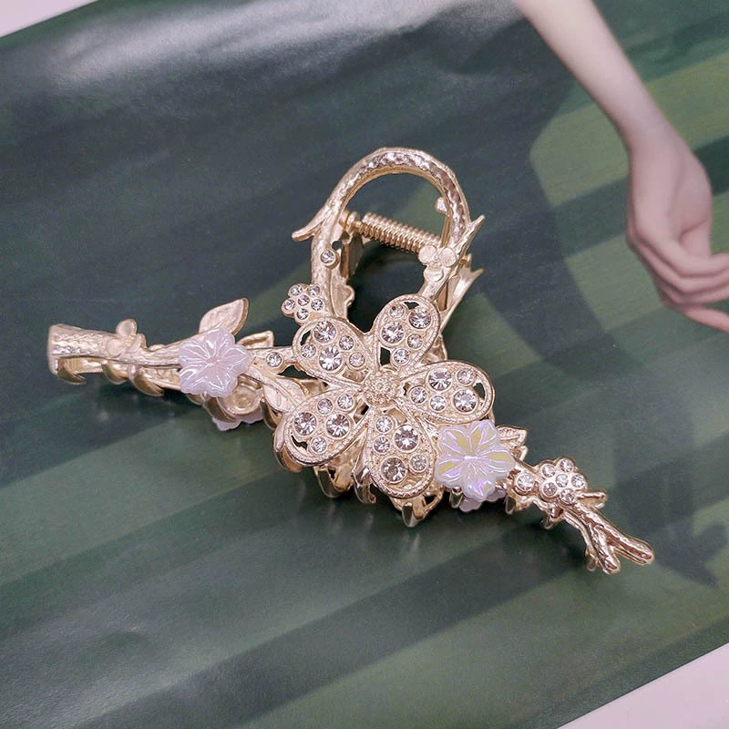 Зажим-домик для волос (краб) с золотистым и Rhinestones, акцент на ветке цветка