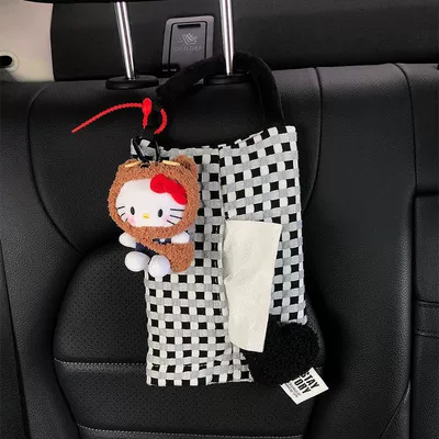 Hanging Bag, In-Car Tissue Box, Car tissue box/set - button-bear-hat-brown-bag-little-blue-cat-heart-black-and-white-checkered-bag