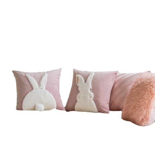 Pink rabbit embroidered pillow case, Dutch velvet thickened cushion, light luxury model room pillow, Nordic style living room pillow