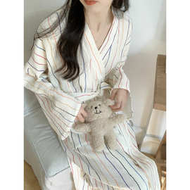 实拍2026春季韩国ins新款彩色条纹浴袍睡衣女士带腰围睡袍家居服
