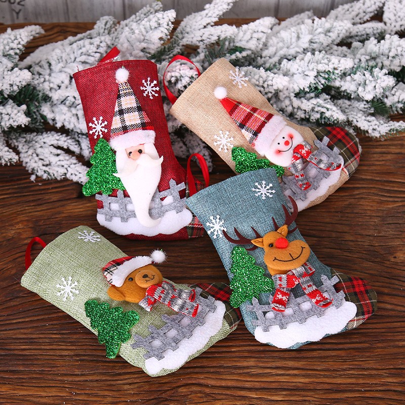 Decoraciones navideñas Santa Claus calcetines tela a cuadros muñeca calcetines de lino árbol de Navidad colgante adornos bolsa de regalo de Navidad