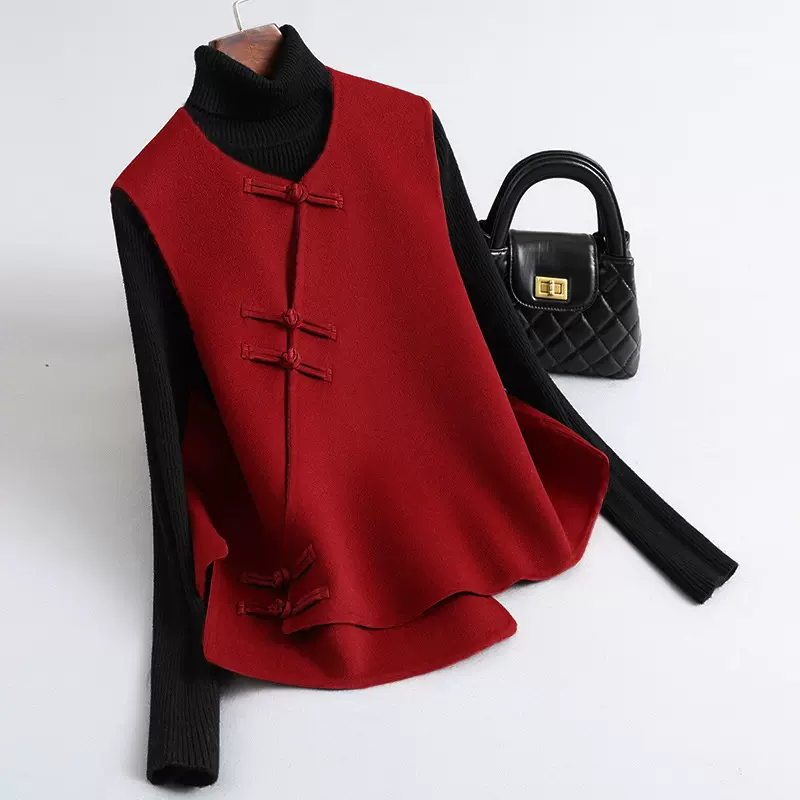2025秋季新款新中式马甲盘扣双面羊毛大衣短款马甲羊毛呢子外套女