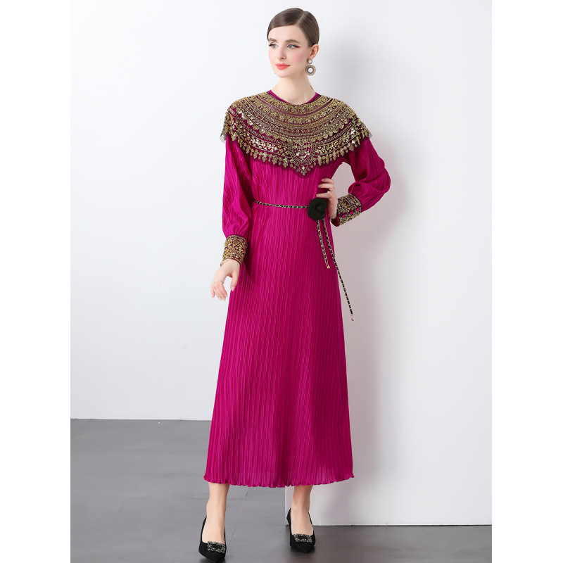 French-Style Heavy Sequin Embroidery Bead Splicing Long-Sleeve Dress for Women with a Cinched Waist and Elegant Pleated Long Dress