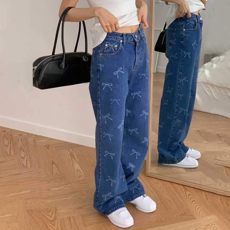 2026 New European and American Style Wide-Leg Casual Bow Print Women's Denim Loose Street Wide-Leg Jeans
