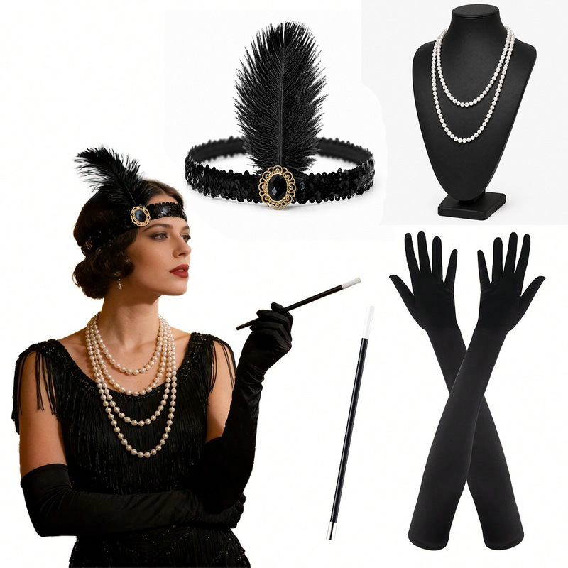 1920s Gatsby-style retro feather headband, pearl necklace, long gloves, and pipe set – a four-piece accessory set for parties and dances 1920s Gatsby-style retro feather headband, pearl necklace, long gloves, and pipe set – a four-piece accessory set for parties and dances
