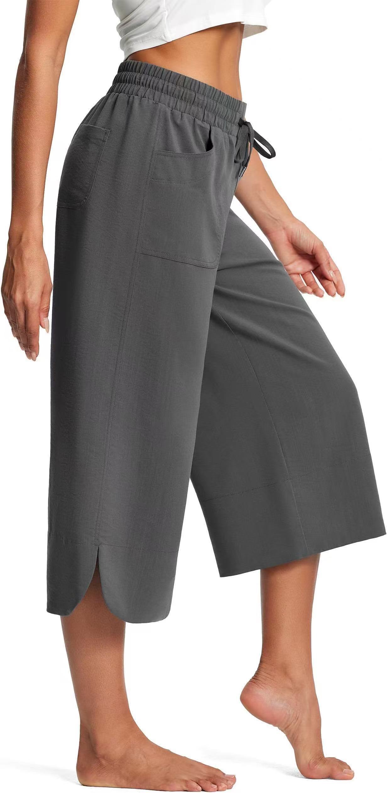 Women's Solid Color Wide Leg Capri Pants Spring Summer Elastic Waist Casual Relaxed Everyday Wear Comfortable Feshion_ecoleips.com