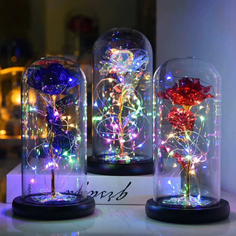 Золотая фольга 24k Amazon роза цветок стеклянная крышка LED искусственный цветок подарки на День святого Валентина и Рождество, вазочка