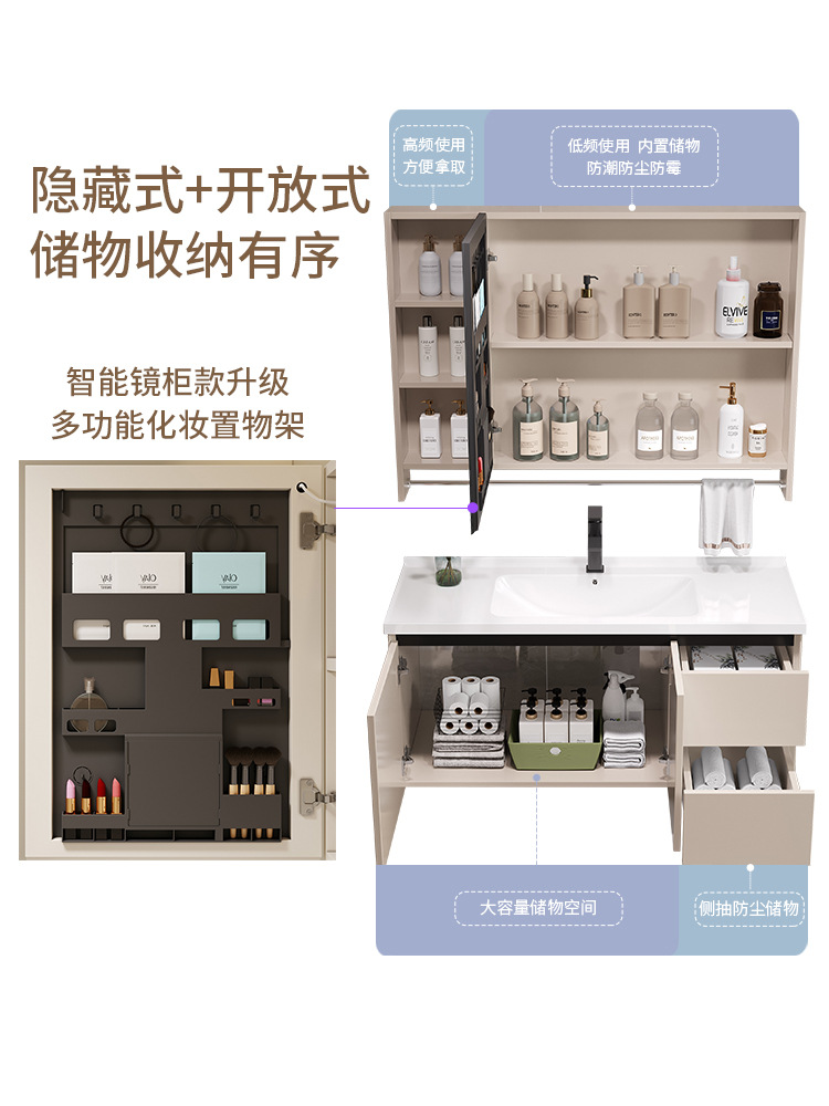 Combinación de gabinete de baño de estilo crema montado en la pared lavabo mesa de lavado gabinete de espejo de cerámica traje integrado