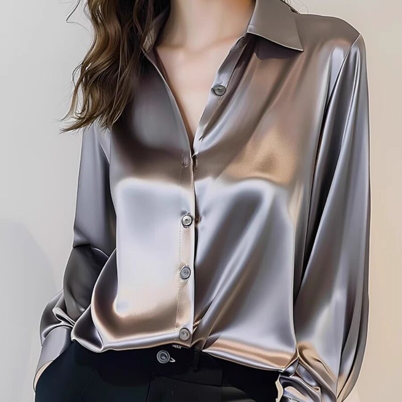 2026 Spring and Autumn New Style Gray Acetate Satin Shirt Women's Long Sleeve Chic French Silk Professional Shirt