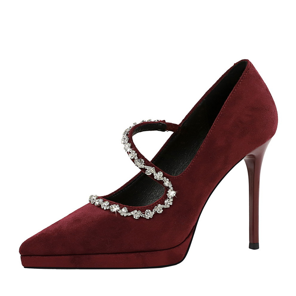 8366-9 Banquet High Heels Thin Heels Shallow Mouth Suede Pointed Waterproof Platform Water Diamond Strap High Heels Single Shoes