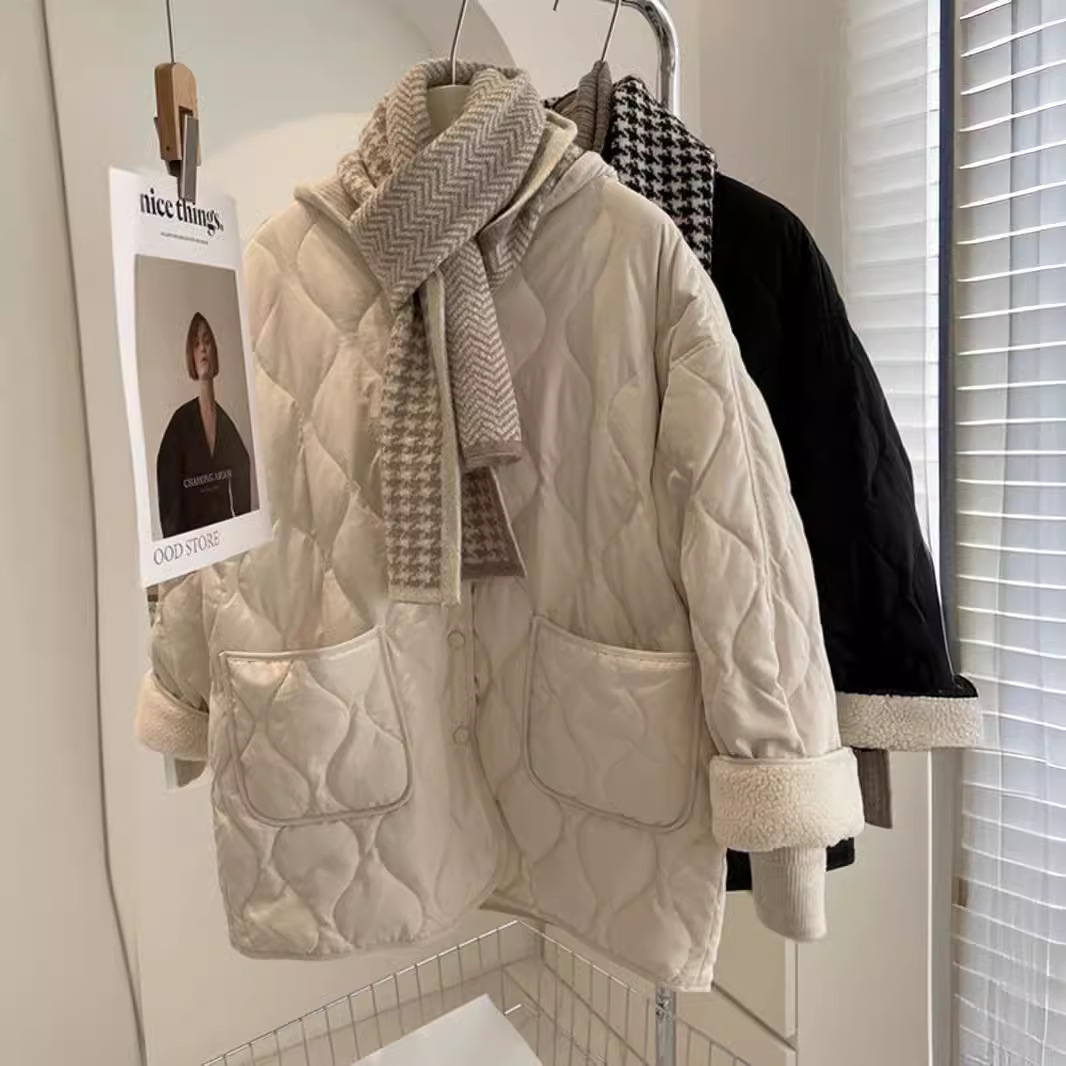 Collarless lamb wool splicing light and thin winter Korean version loose small fragrant dia plaid warm cotton jacket_voghion.com