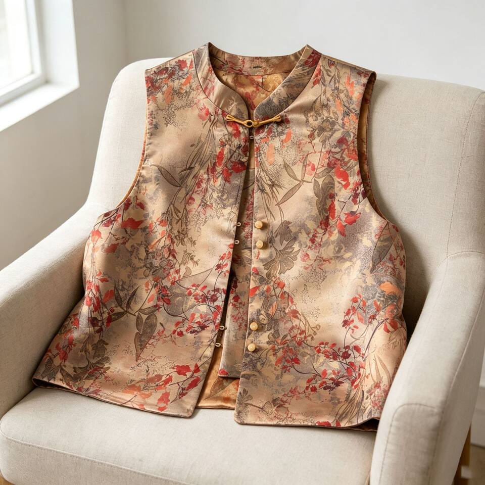 Áo gile không tay dệt jacquard họa tiết nổi, dáng rộng, mặc được hai mặt, dài áo 50–65 cm — Lá phong thu + lá vàng thu, mặc được hai mặt, Lá phong đỏ + lá phong thu, mặc được hai mặt, Lá vàng mùa thu + lá phong đỏ, mặc được hai mặt, Đỏ rực + Xanh ô liu, mặc được hai mặt chi tiết 1