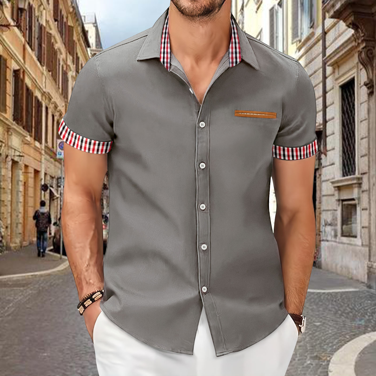Camicia da uomo a maniche corte in cotone, nuova moda estiva, camicia da uomo a quadri, vestibilità slim, casual, a maniche corte_voghion.com