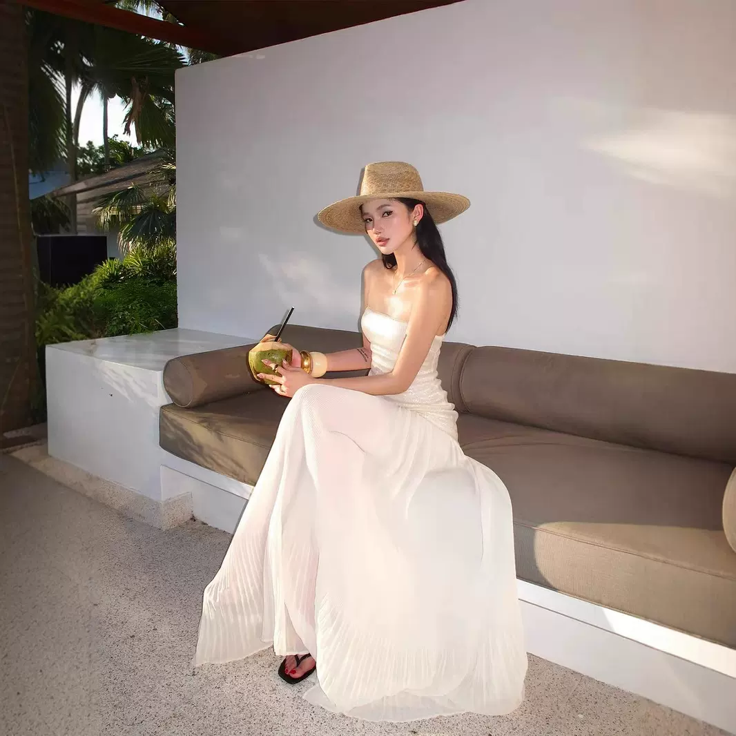 25ss海边度假长裙夏季高级感名媛拖地网纱裙抹胸亮片连衣裙女