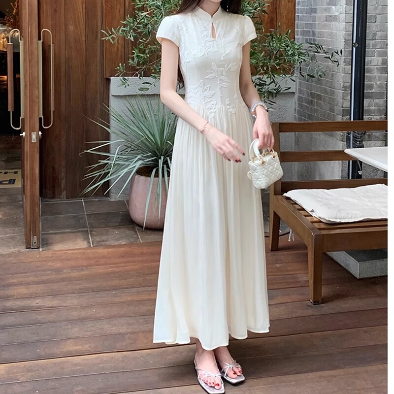 女款夏【云纱绣影】新中式国风植绒拼接改良旗袍镂空连衣裙半圆襟|undefined
