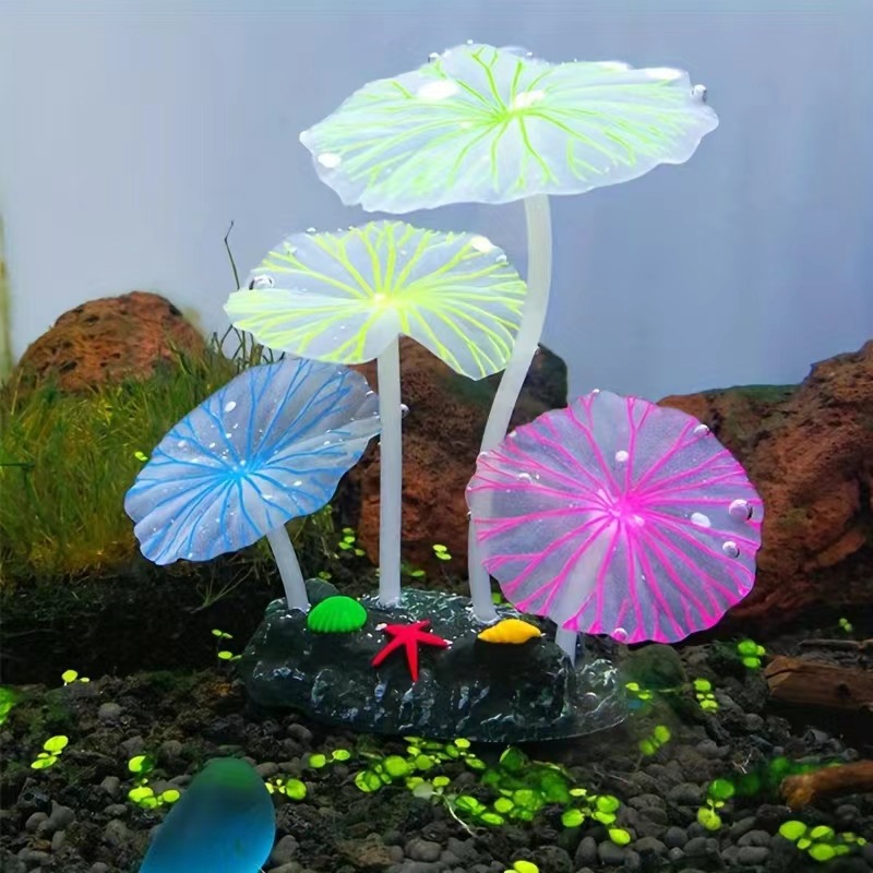 鱼缸水族箱造景夜光硅胶仿真荷叶假山厂家批发装饰品 4片荷叶蘑菇