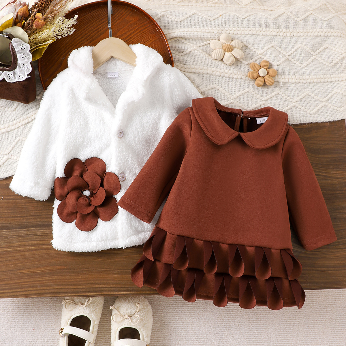 New Amazon Girls' Outfit on Instagram, Autumn New Cross-Border European and American Children's Clothing, White Fur Coat + Dress