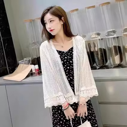 Knitted Cardigan, Small Coat, Lace Holiday Sun Protection Shirt, Short Air-Conditioning Shirt, Summer Thin Top, Hollow Shawl for Women
