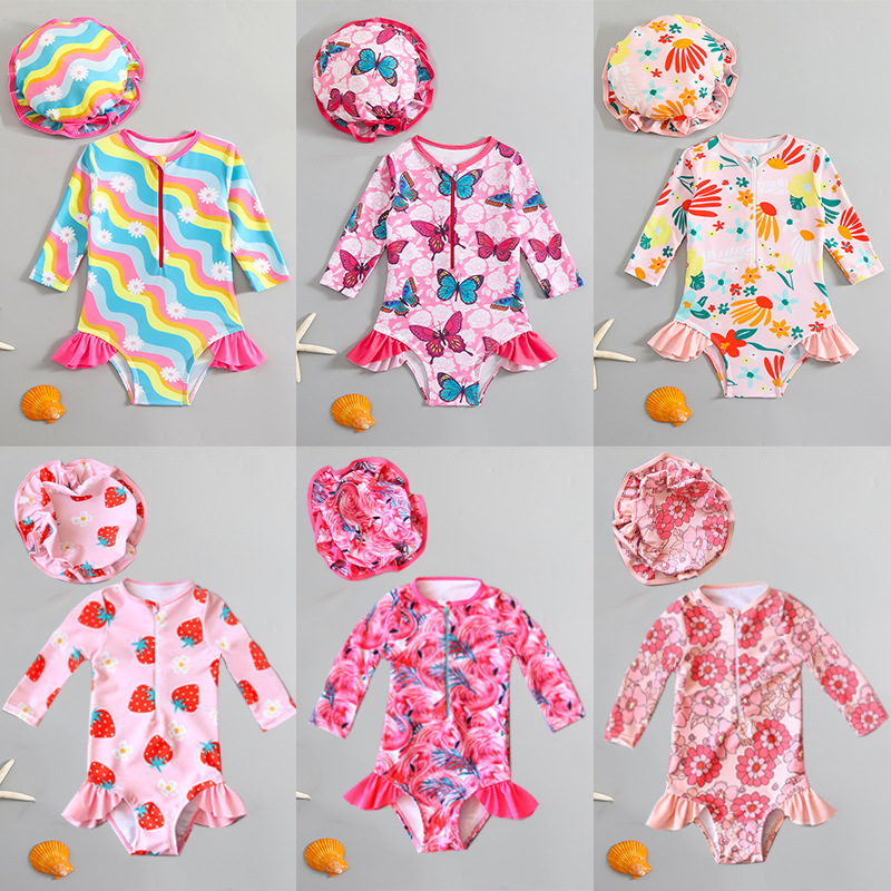 One-piece Swimsuit Girl's Long-sleeved Quick-drying Sun Protection Girl's Baby Baby Swimsuit Small and Medium-sized Children's Cartoon Swimsuit