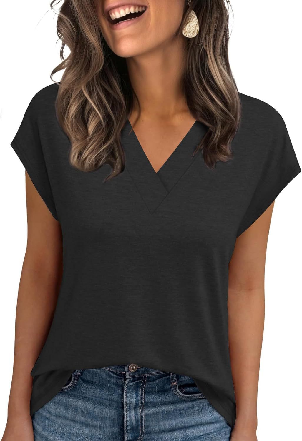 2026 Women Summer Casual V Neck Cap Sleeve Basic Tops_ecoleips.com