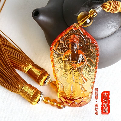 Car hanging: Buddha car pendant rearview mirror - three-saints-buddha-glazed-earthy-yellow-tassel