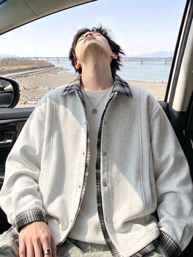 翻领格纹夹克青少年男士潮牌拼接假两件春秋季百搭棒球服开衫外套