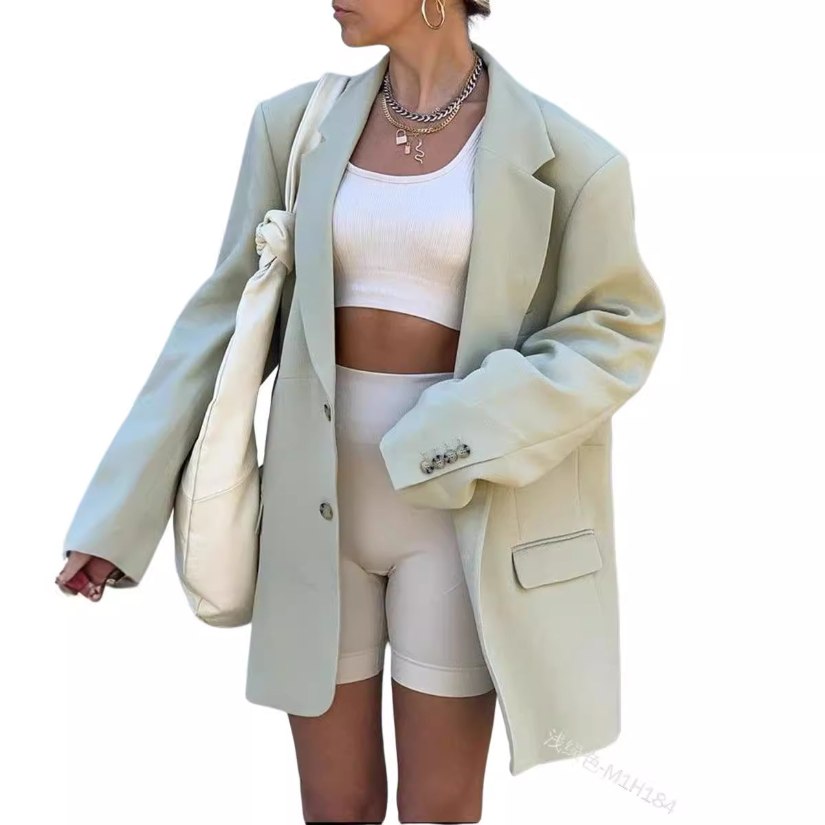 Cross-Border Trade European and American 2025 Solid Color Lapel Blazer Loose Long-Sleeve Pocket Women's Mid-Length Top